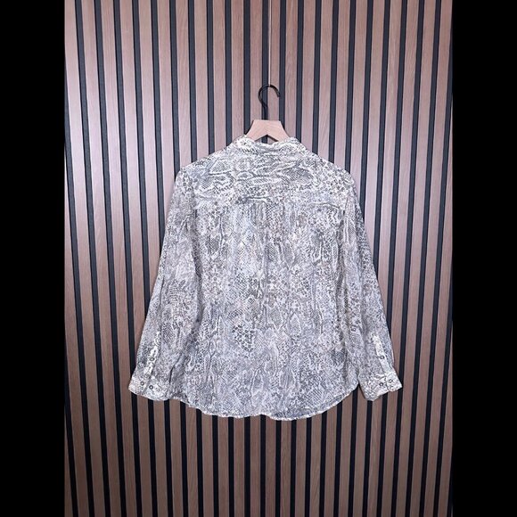 Chicos Shirt 2 / Large Sheer Brown Snakeskin Reptile Print Long Sleeve Button - Picture 2 of 7